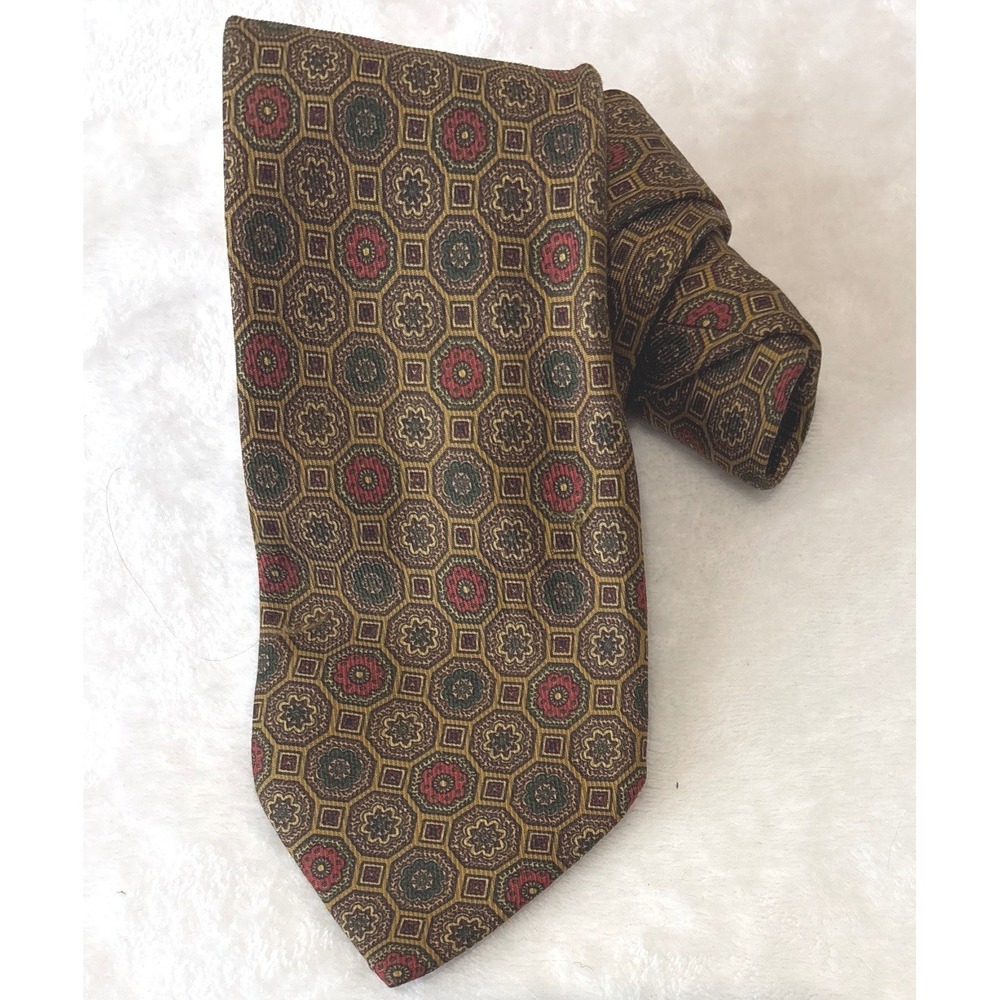 Louis London Boston Mens Silk Tie Geometric Medallion Gold Burgundy Made England